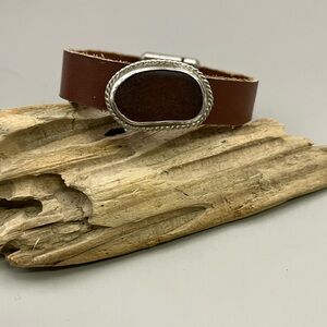 Brown Leather Wrap Bracelet with Silver Oval Accent